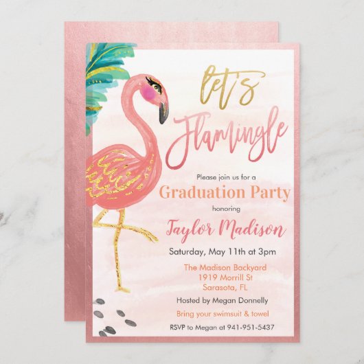 Flamant rose aquarelle Graduation Party Invitation (Devant / Derrière)