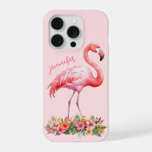 Flamant rose avec fleurs tropicales