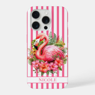 Flamant rose avec fleurs tropicales sur rayures