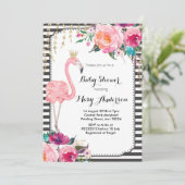 Flamant rose Baby shower Invitation noir blanc (Debout devant)