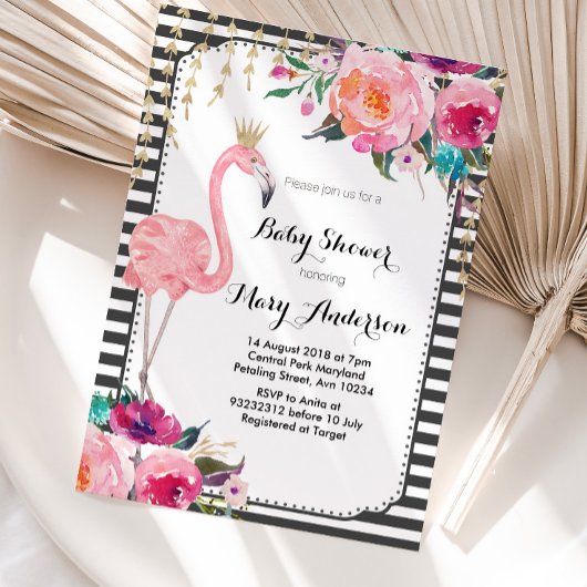 Flamant rose Baby shower Invitation noir blanc