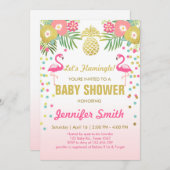 Flamant rose Baby shower invitation Tropical (Devant / Derrière)