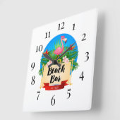 Flamant rose Beach Bar Carré Horloge murale (Angle)