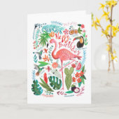 Flamant rose blanc et rose moderne peint carte d'a (Fleur jaune)