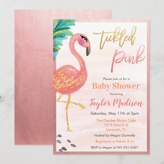 Flamant rose d'aquarelle Baby shower Invitation (Devant / Derrière)