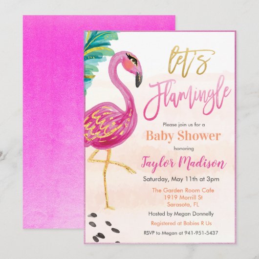 Flamant rose d'aquarelle Baby shower Invitation (Devant / Derrière)