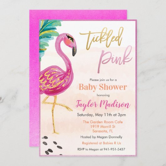 Flamant rose d'aquarelle Baby shower Invitation (Devant / Derrière)