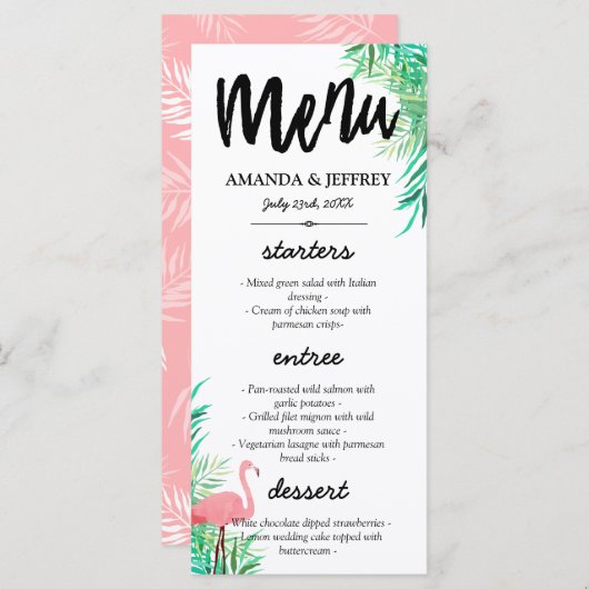 Flamant rose d'aquarelle et Palm Feuille Menu Mari (Devant / Derrière)