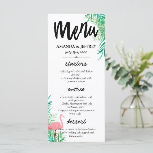 Flamant rose d'aquarelle et Palm Feuille Menu Mari (Debout devant)