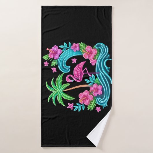 Flamant rose de néon tropical (Serviette de bain)