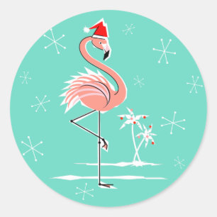 Flamant rose de Noël autocollant ronde