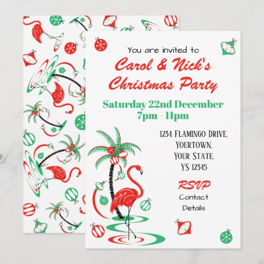 Flamant rose de Noël rouge Invitation multi-back (Devant / Derrière)