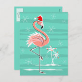 Flamant rose de Noël Stripe aqua dos carte postale (Devant / Derrière)