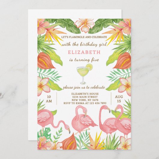 Flamant rose d'été Invitation d'anniversaire (Devant / Derrière)