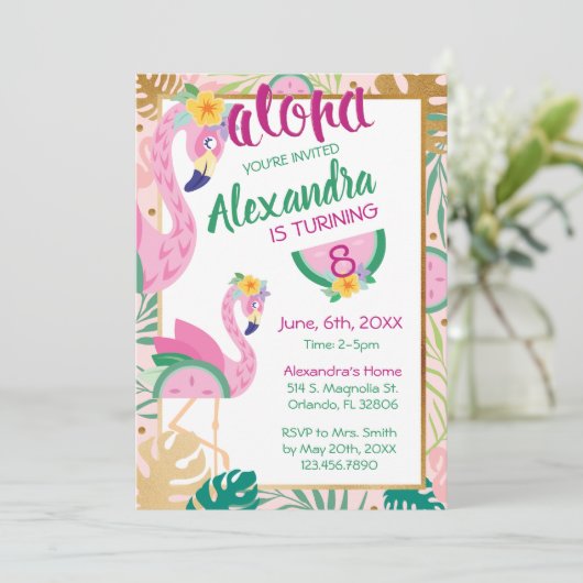 Flamant rose et pastèque Invitation d'anniversaire (Debout devant)