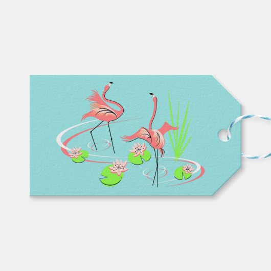 Flamant rose Fandango Duo 2 étiquette cadeau bleu (Devant (Horizontal))