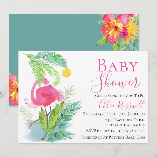 Flamant rose Floral Baby shower Invitation (Devant / Derrière)
