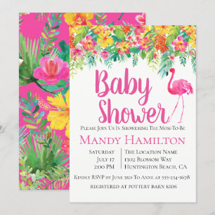 Flamant rose floral Invitation Baby shower tropica