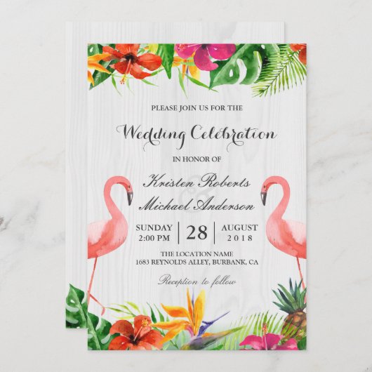 Flamant rose floral tropical à deux Faire-part de (Devant / Derrière)