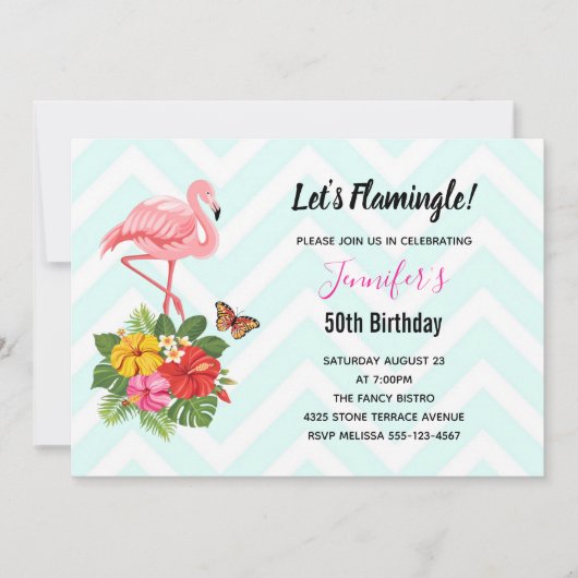 Flamant rose & Hibiscus tropical Invitation d'anni (Devant)