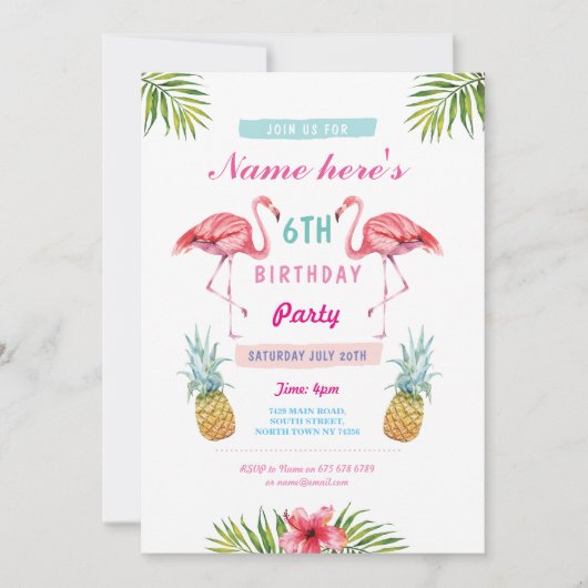Flamant rose Invitation Anniversaire de l'Aloha tr (Devant)