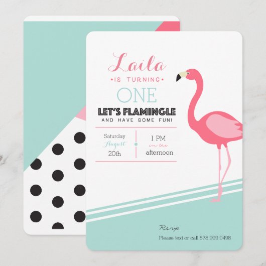 Flamant rose Invitation d'anniversaire (Devant / Derrière)