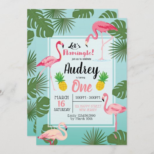 Flamant rose Invitation d'anniversaire (Devant / Derrière)