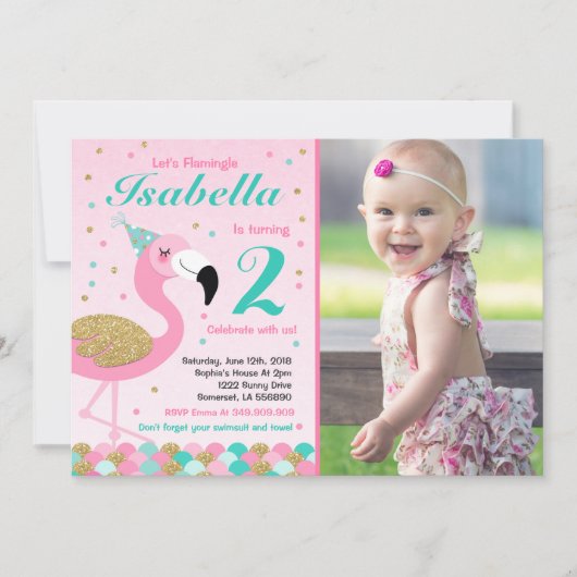 Flamant rose Invitation d'anniversaire Topic Pool (Devant)