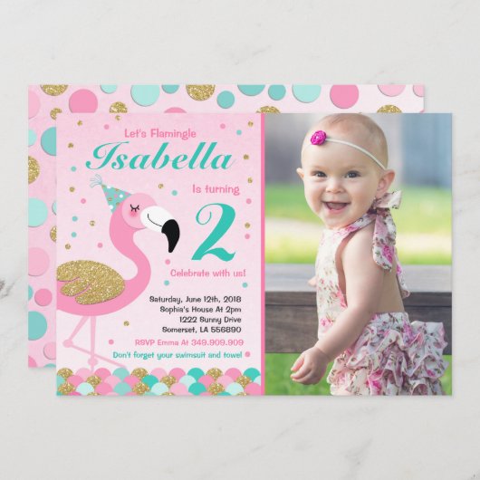 Flamant rose Invitation d'anniversaire Topic Pool  (Devant / Derrière)