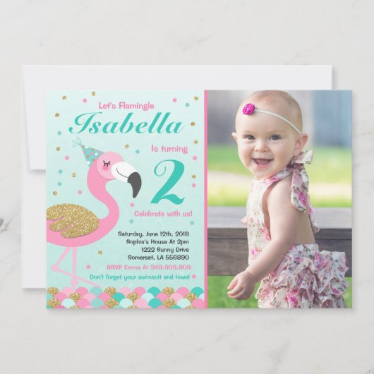 Flamant rose Invitation d'anniversaire Topic Pool (Devant)