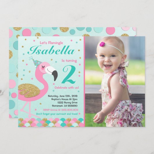 Flamant rose Invitation d'anniversaire Topic Pool  (Devant / Derrière)