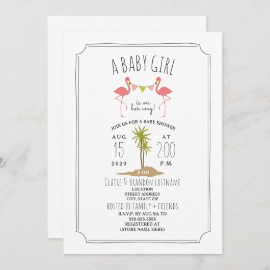Flamant rose Island Baby shower Invitation (Devant / Derrière)
