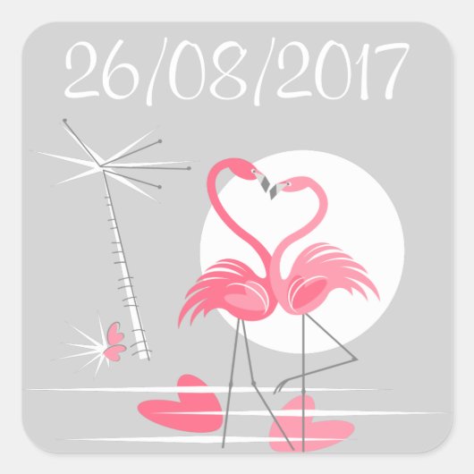 Flamant rose Love Date sticker carré (Devant)