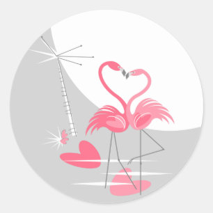 Flamant rose Love grand Lune autocollant rond