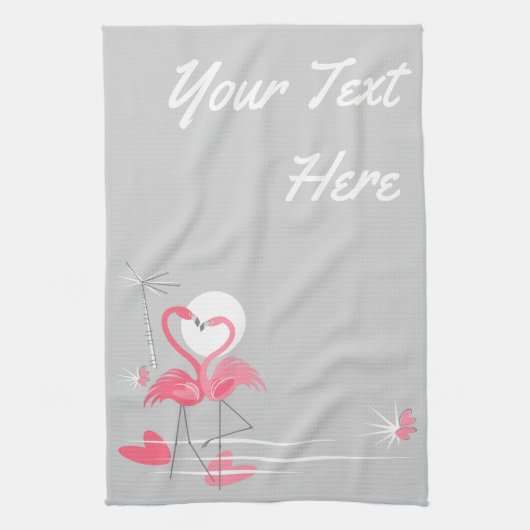 Flamant rose Love Side Texte serviette de cuisine (Vertical)