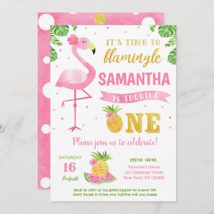 Flamant rose Luau 1er anniversaire Invitations