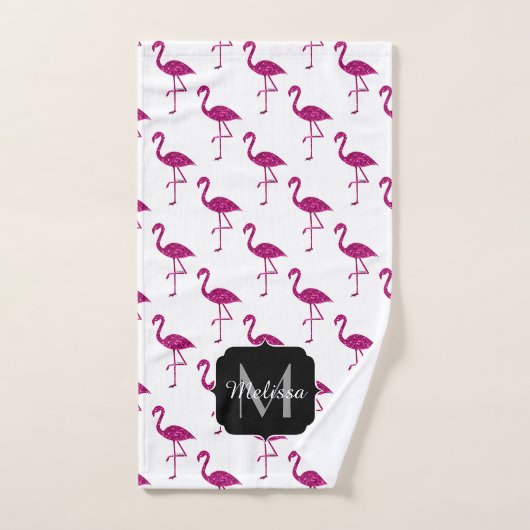 Flamant rose pailleté rose Monogramme (Serviette à main)