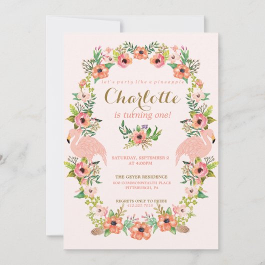 FLAMANT ROSE PINEAPPLE ANNIVERSAIRE invitation (Devant)