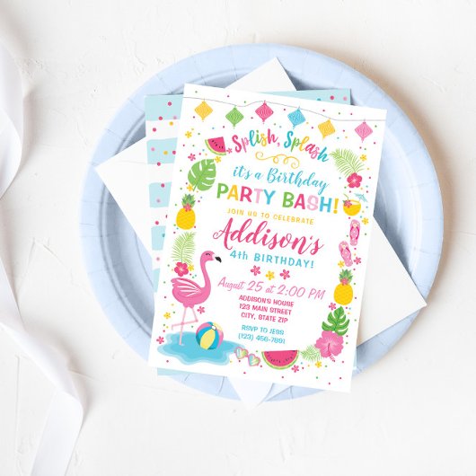 Flamant rose Pool Fête Anniversaire Invitation