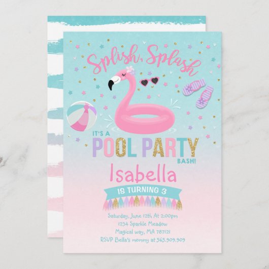 Flamant rose Pool Fête Anniversaire Invitation Pin (Devant / Derrière)