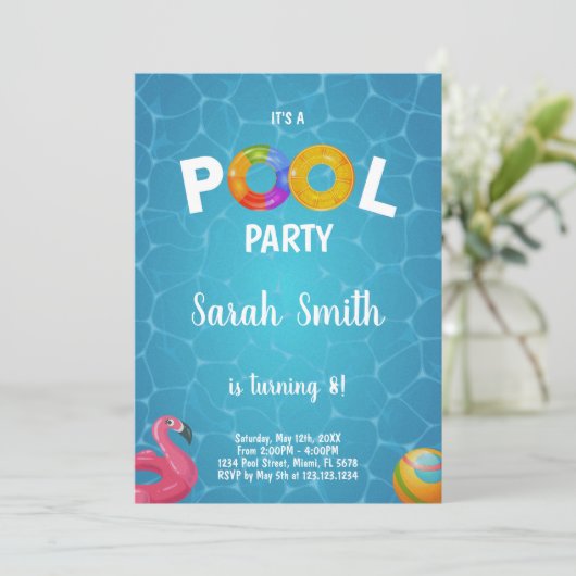Flamant rose Pool Invitation Anniversaire (Debout devant)