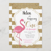 Flamant rose Premier anniversaire Invitation fille (Devant / Derrière)