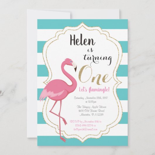 Flamant rose Premier anniversaire Invitation fille (Devant)