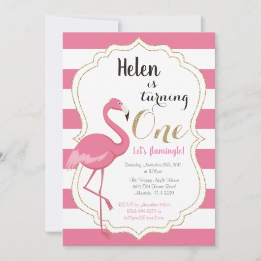 Flamant rose Premier anniversaire Invitation fille (Devant)