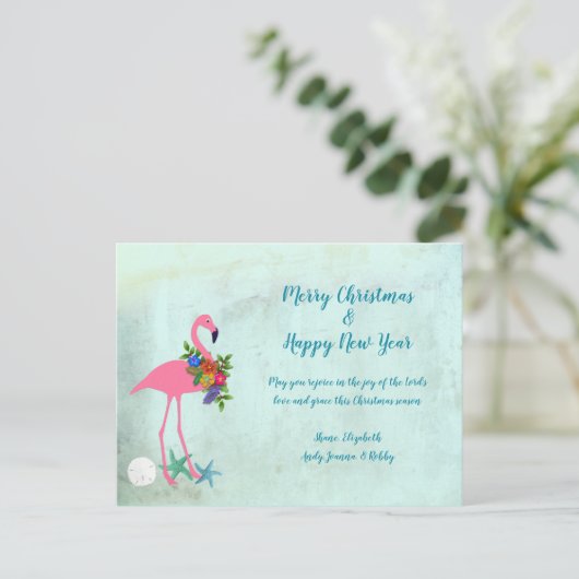 Flamant rose Rejoice Grunge Carte postale de Noël (Debout devant)