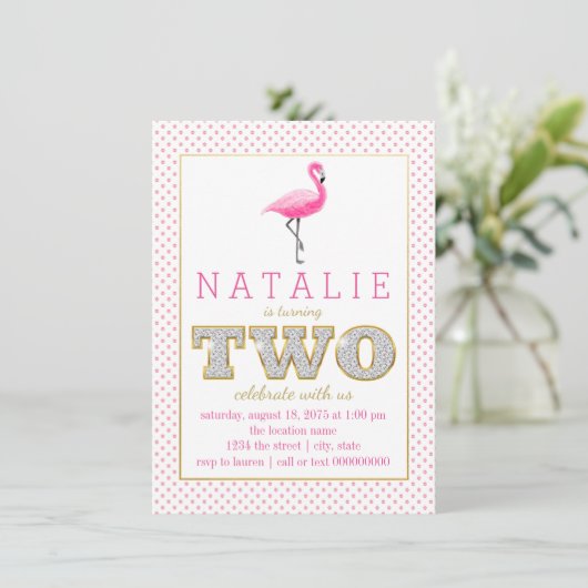 Flamant rose rose 2e anniversaire Invitations (Debout devant)