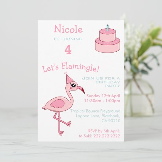 Flamant rose rose 4e anniversaire Invitation de fê (Debout devant)