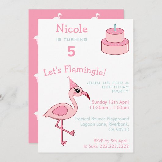 Flamant rose rose 5e anniversaire Invitation à la  (Devant / Derrière)