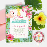 Flamant rose rose ananas tropical Bachelorette Lua<br><div class="desc">Les invitations à la fête du luau mariage de bachelorette sont accompagnées d'un joli flamant rose avec ananas et cadre luxuriant de frondes de feuilles de palmier vert et de fleurs d'hibiscus tropicaux dans des tons rose chaud, jaune soleil et blanc. Le texte élégant avec titre de bannière bleu aqua...</div>
