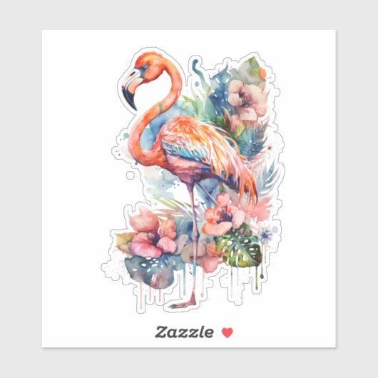 Flamant rose rose avec Sticker Fleurs (Feuille)